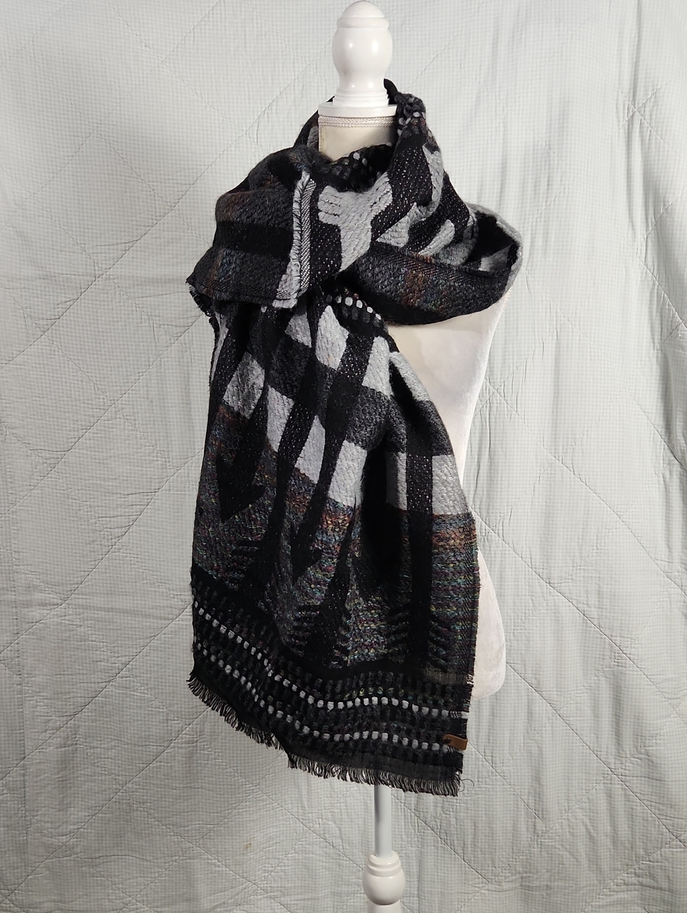Mackage Black & Gray Checked Arrow Wool Blend Wrap Scarf